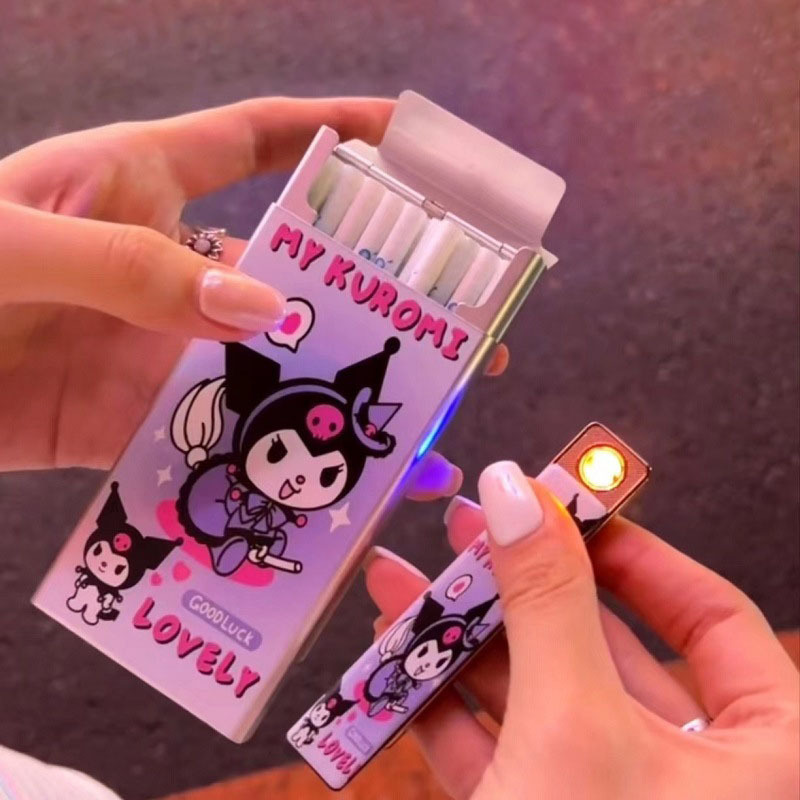 Hello kitty kuromi melody cigarette case 20pcs thick or thin cigarettes with usb lighter