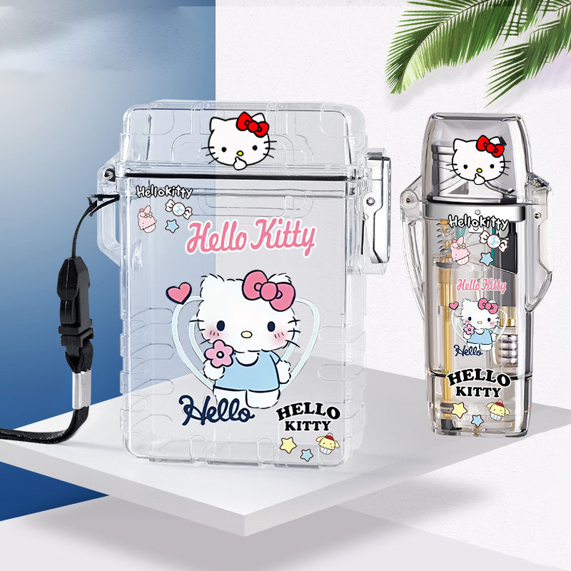 Hello kitty kuromi cigarette case and lighter set transparent cartoon butane gas red flame lighter