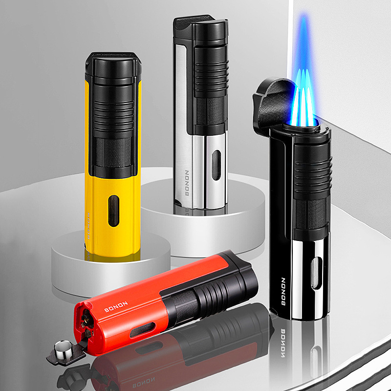 Inflatable torch cigar lighters three punches of flame outdoor BBQ lighter with cigar cutter