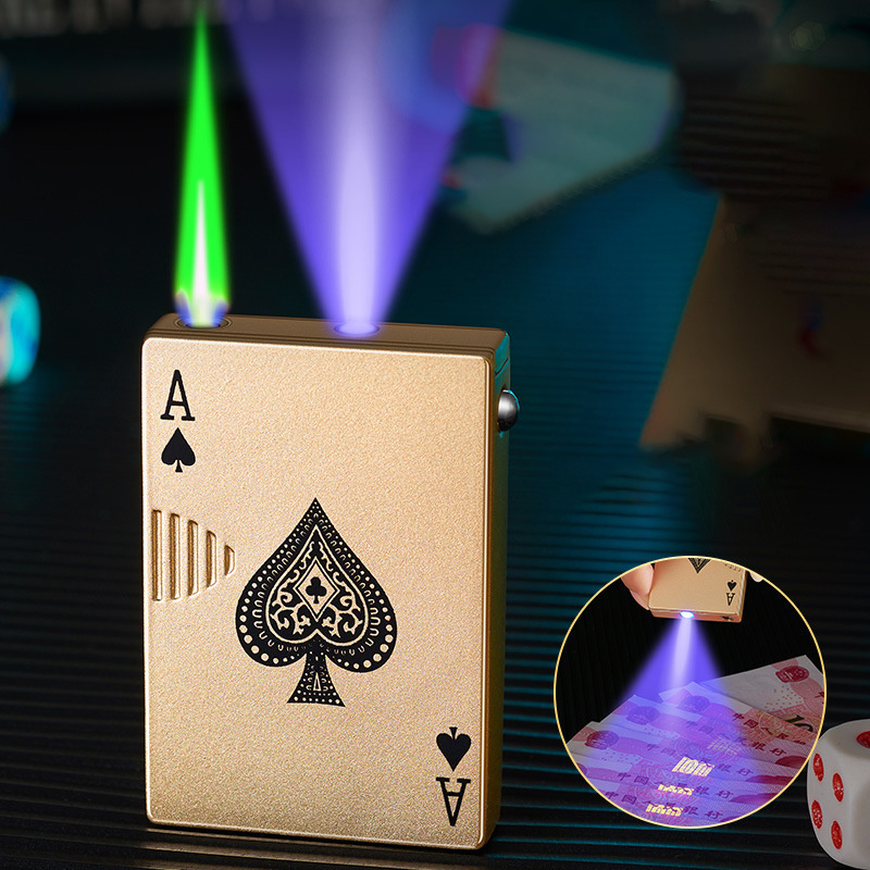 Poker with counterfeit bill detector lighter creative playing card lighter inflatable windproof green flame