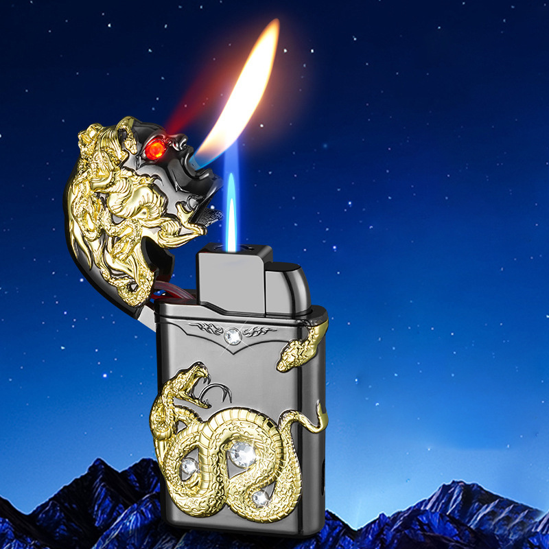 Emboss dragon lighter metal butane windproof blue flame and open flame luxury lighter