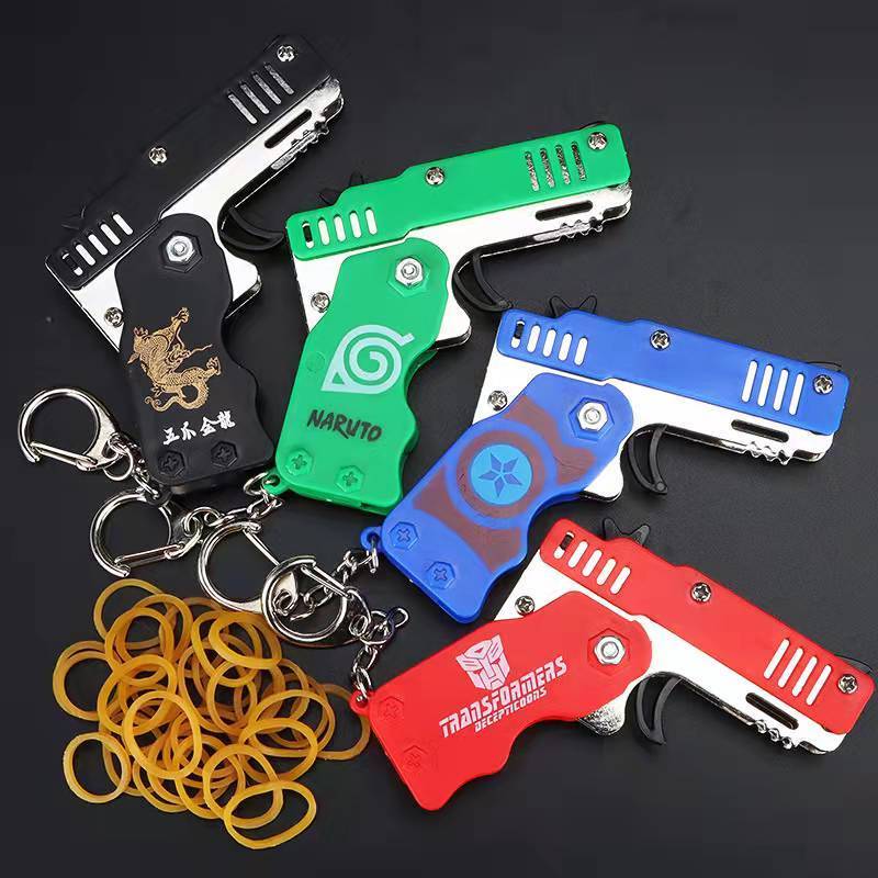 Rubber Band Gun Mini Metal Folding  with Keychain and Rubber Band for Shooting Game for Adults and Kids