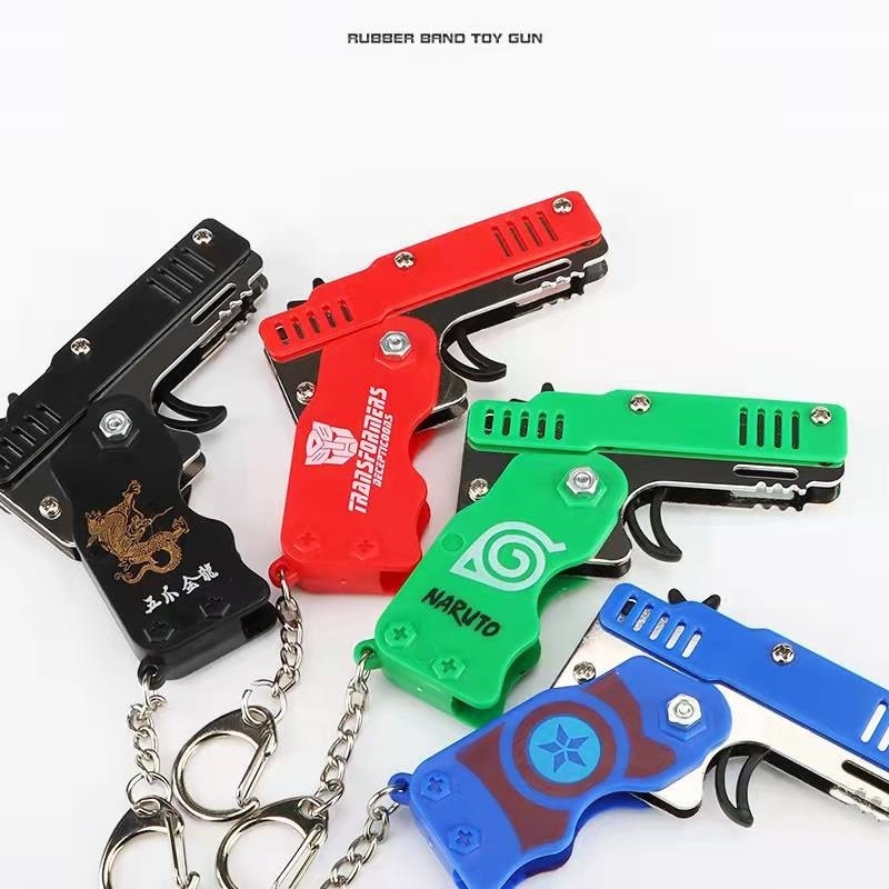 Rubber Band Gun Mini Metal Folding  with Keychain and Rubber Band for Shooting Game for Adults and Kids