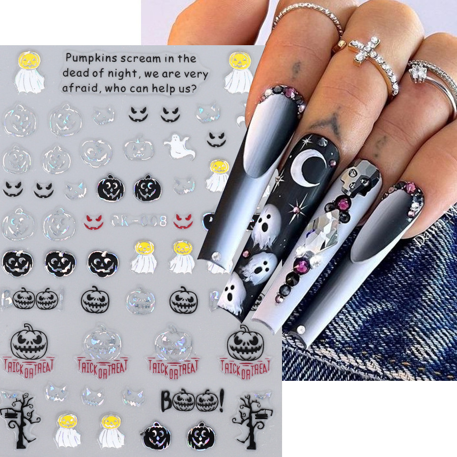 TSZS 3D Halloween Pumpkin Bat Ghost Witch Nail Decals Stickers Self-Adhesive DIY Halloween Design Nail Art Stickers