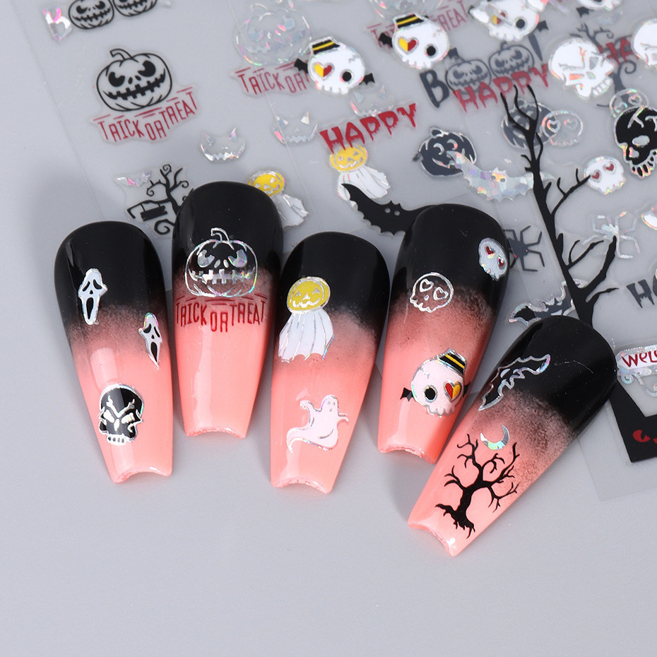 TSZS 3D Halloween Pumpkin Bat Ghost Witch Nail Decals Stickers Self-Adhesive DIY Halloween Design Nail Art Stickers