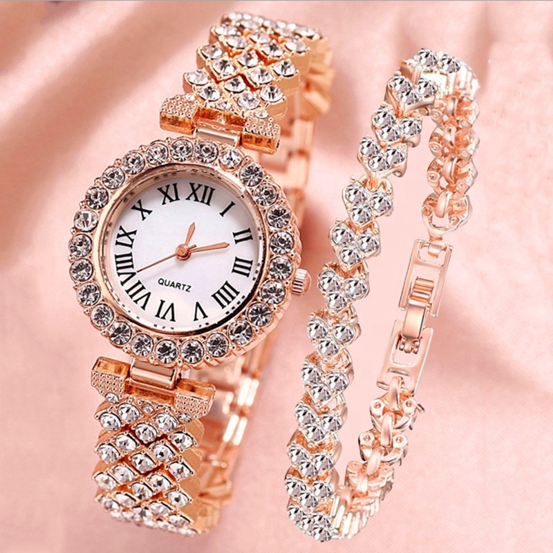 TW9014 Fashion Bling Bling Iced out Ladies Watches 2pcs Set Diamond Rose Gold Girls Quartz Watch Heart Bracelet Jewelry Set