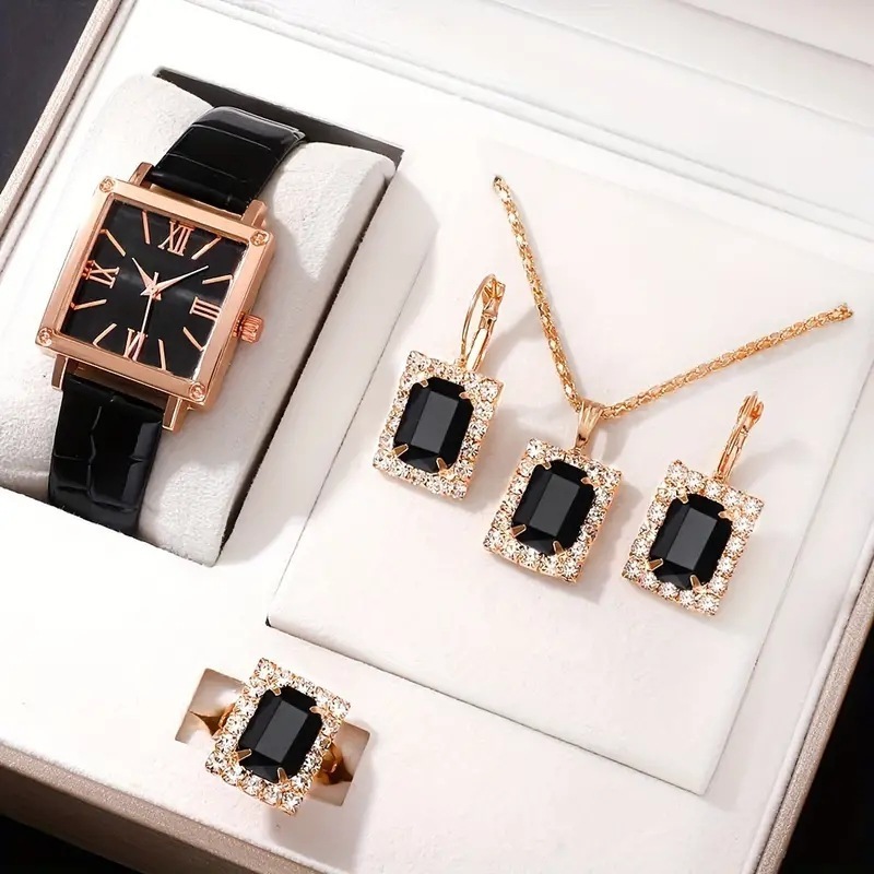 6141 Vintage Square Dial Elegant Ladies Watch Leather Green Rome Face Watches Women Fashion & 3pcs Necklace Jewelry Sets