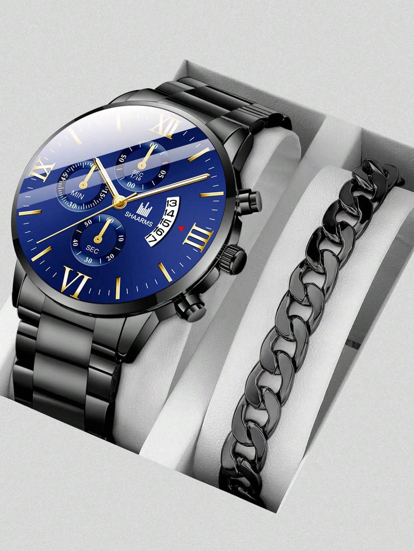 6039 Ready Stock Rome Face Quartz Watch For Men Date Gold 2pcs Stainless Steel Luxury Watches Men & Bracelet