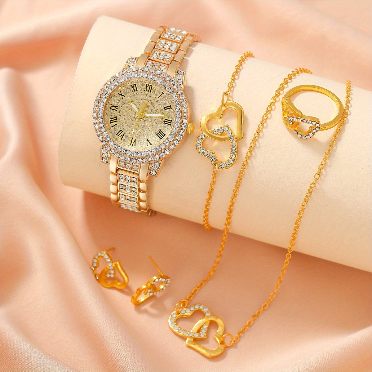 6128 Luxury Full Diamond Women Watch Steel Band Gold Ladies Quartz Wrist Watches With 4pcs Jewelry Sets For Party