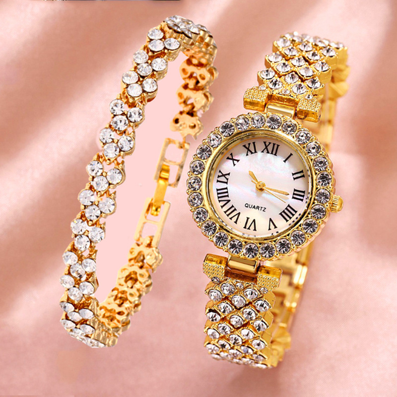 TW9014 Fashion Bling Bling Iced out Ladies Watches 2pcs Set Diamond Rose Gold Girls Quartz Watch Heart Bracelet Jewelry Set