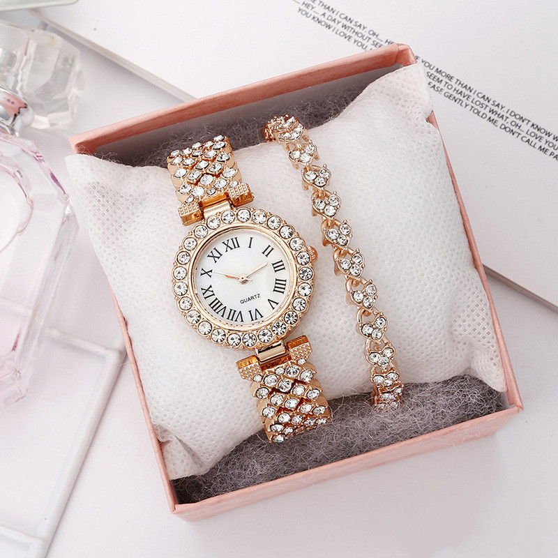 TW9014 Fashion Bling Bling Iced out Ladies Watches 2pcs Set Diamond Rose Gold Girls Quartz Watch Heart Bracelet Jewelry Set