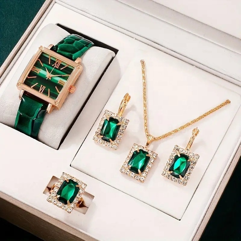 6141 Vintage Square Dial Elegant Ladies Watch Leather Green Rome Face Watches Women Fashion & 3pcs Necklace Jewelry Sets