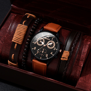 6044 New Design 4pcs Set Man Casual Watch Numbers Men's Leather Watch Set For Man Vintage Bead Bracelet Sets