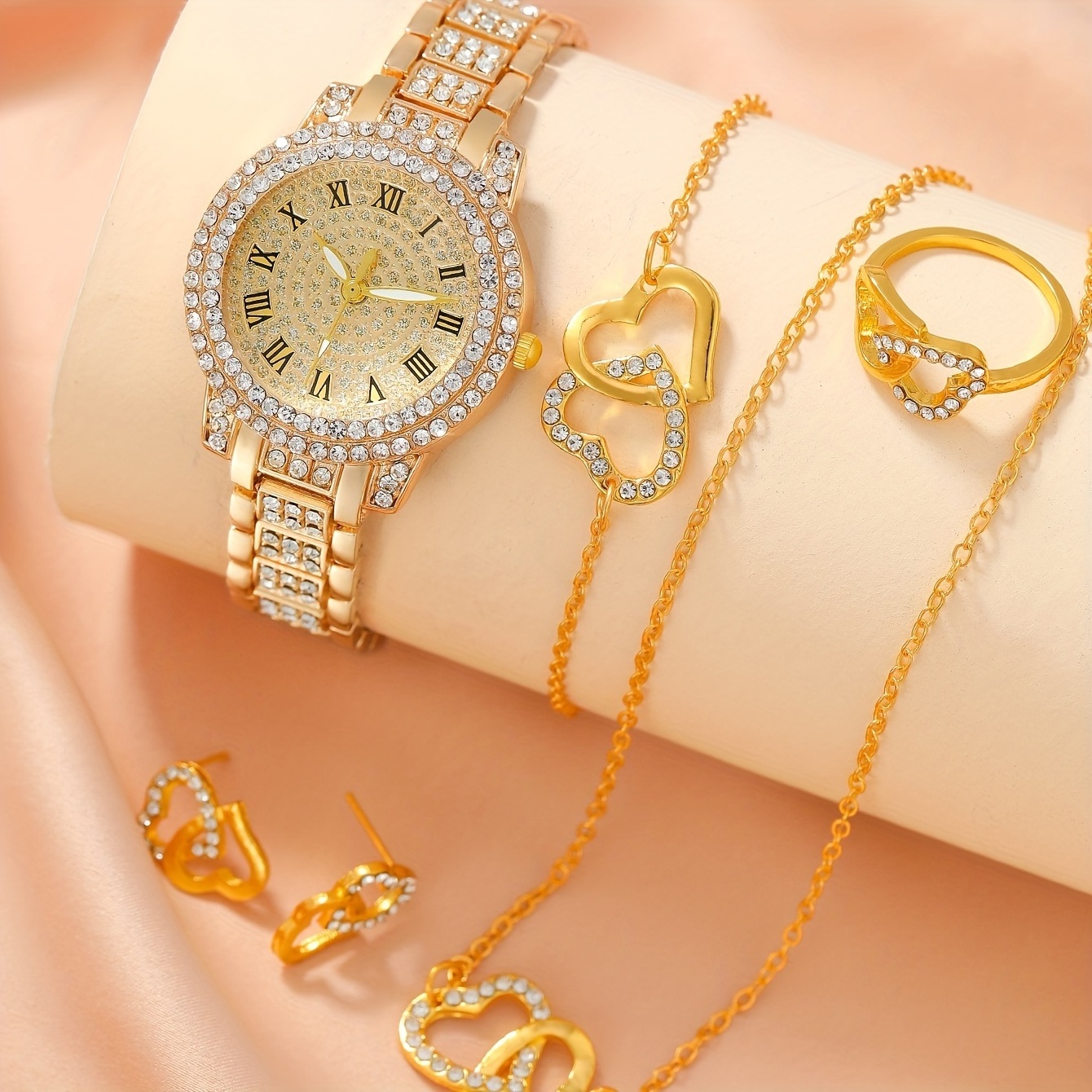 6128 Luxury Full Diamond Women Watch Steel Band Gold Ladies Quartz Wrist Watches With 4pcs Jewelry Sets For Party