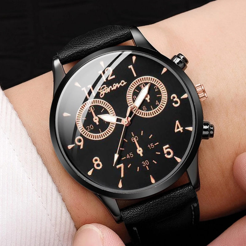 6044 New Design 4pcs Set Man Casual Watch Numbers Men's Leather Watch Set For Man Vintage Bead Bracelet Sets