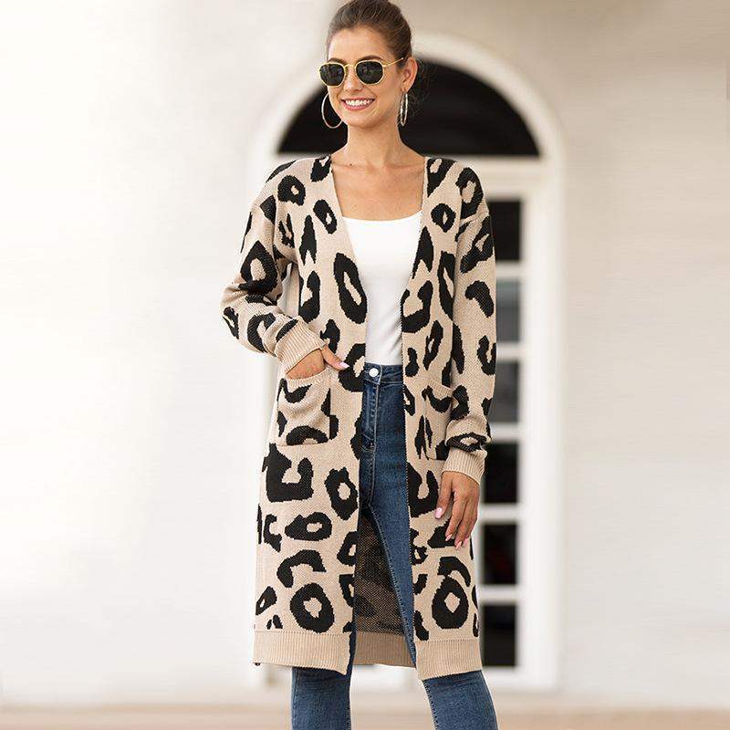 Christmas New leopard-print cardigans for ladies fall loose long knitted sweater coat