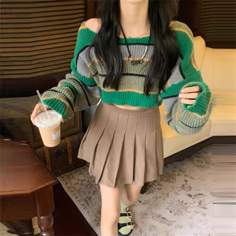 Autumn Crop Stripe Knit Sweater Fashion Women's Green Sweater