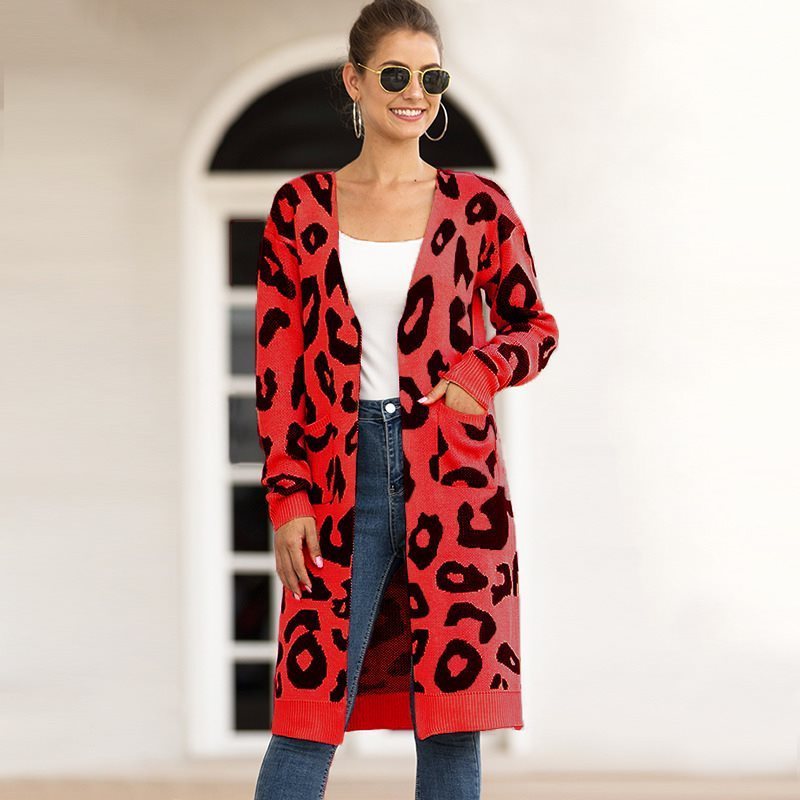 Christmas New leopard-print cardigans for ladies fall loose long knitted sweater coat