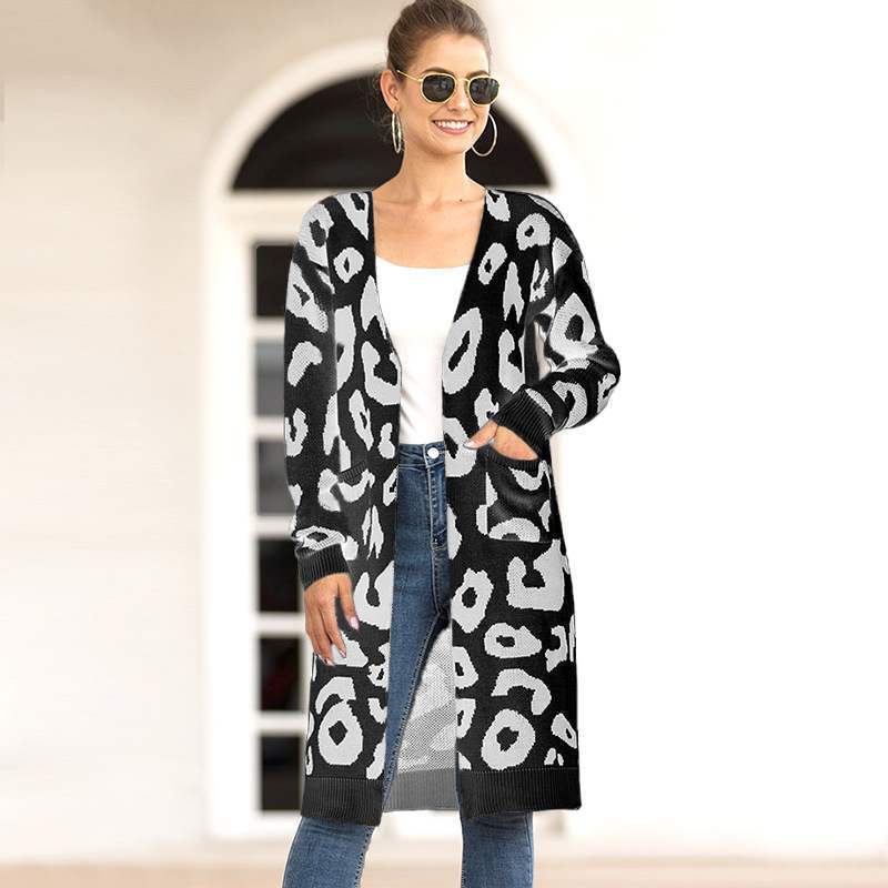 Christmas New leopard-print cardigans for ladies fall loose long knitted sweater coat