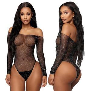 Mature Femmes Women Sexy Black Long Sleeve Bling Rhinestone Strapless Fishnet Full Stockings Body Suit Lingerie With Diamond