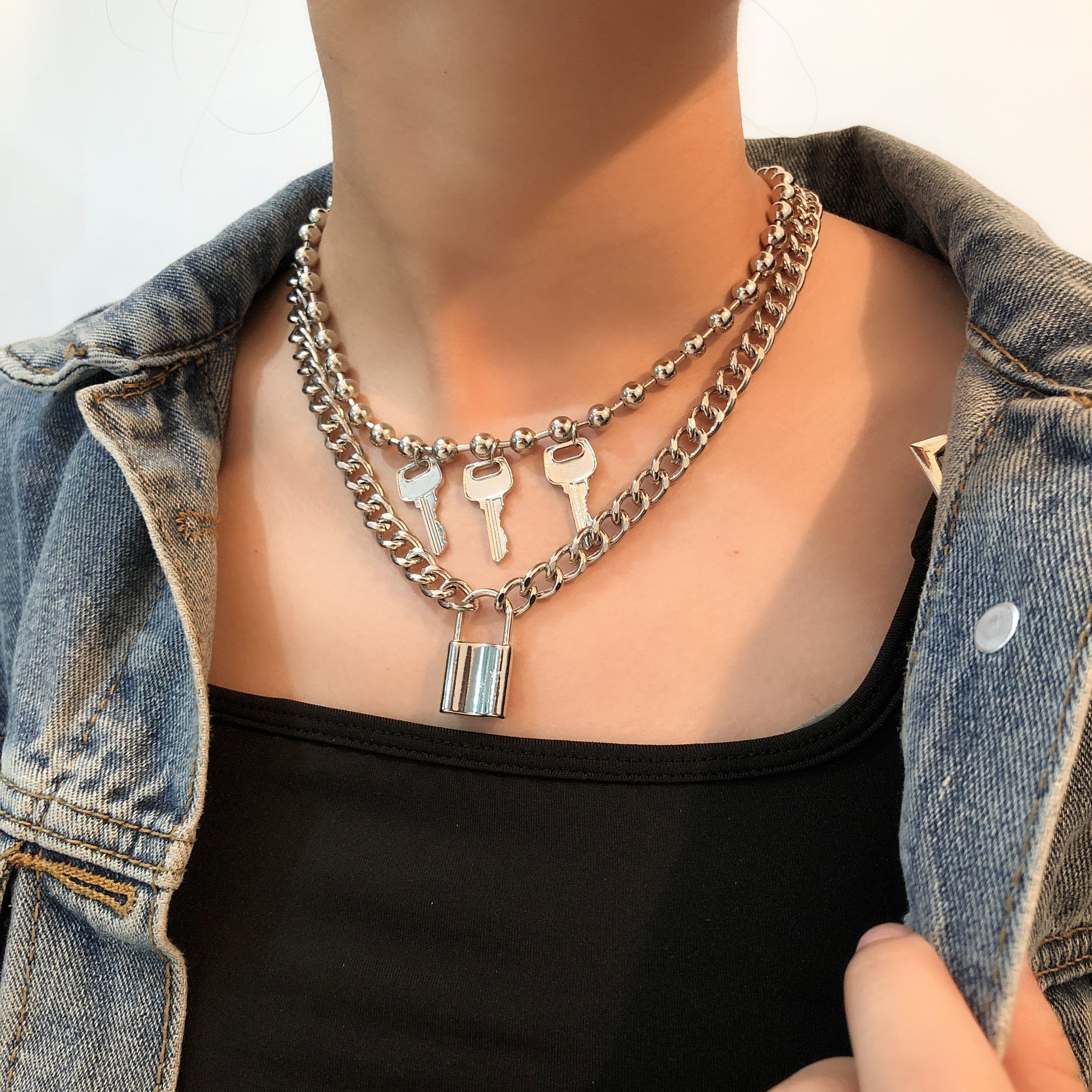 SHIXIN Trendy Silver Color Beaded Chain Padlock Pendant Necklace Punk Chain Three Key Pendant Necklace for Women Jewelry