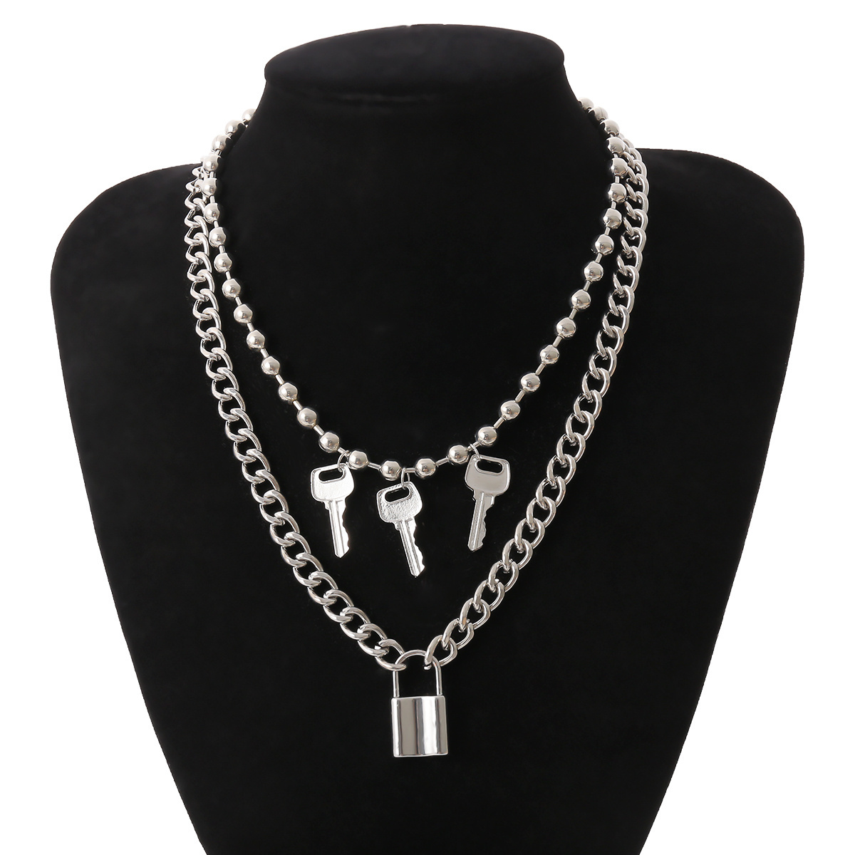 SHIXIN Trendy Silver Color Beaded Chain Padlock Pendant Necklace Punk Chain Three Key Pendant Necklace for Women Jewelry