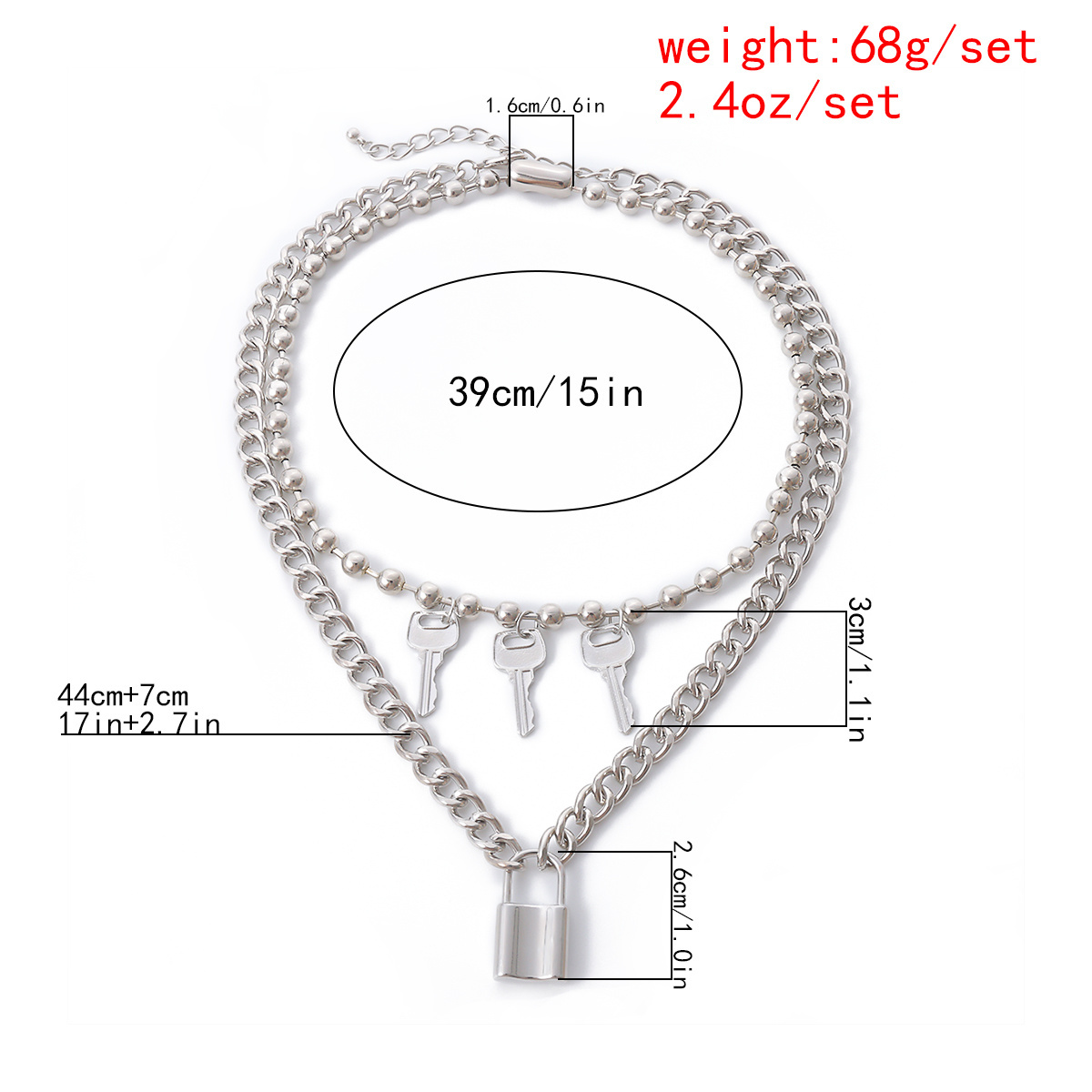 SHIXIN Trendy Silver Color Beaded Chain Padlock Pendant Necklace Punk Chain Three Key Pendant Necklace for Women Jewelry