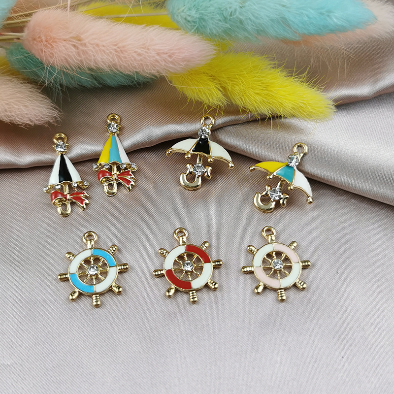 New Bow Rainbow Umbrella Rudder Rhinestones Enamel Metal Charms Earring Bracelet DIY Accessories Jewelry Making