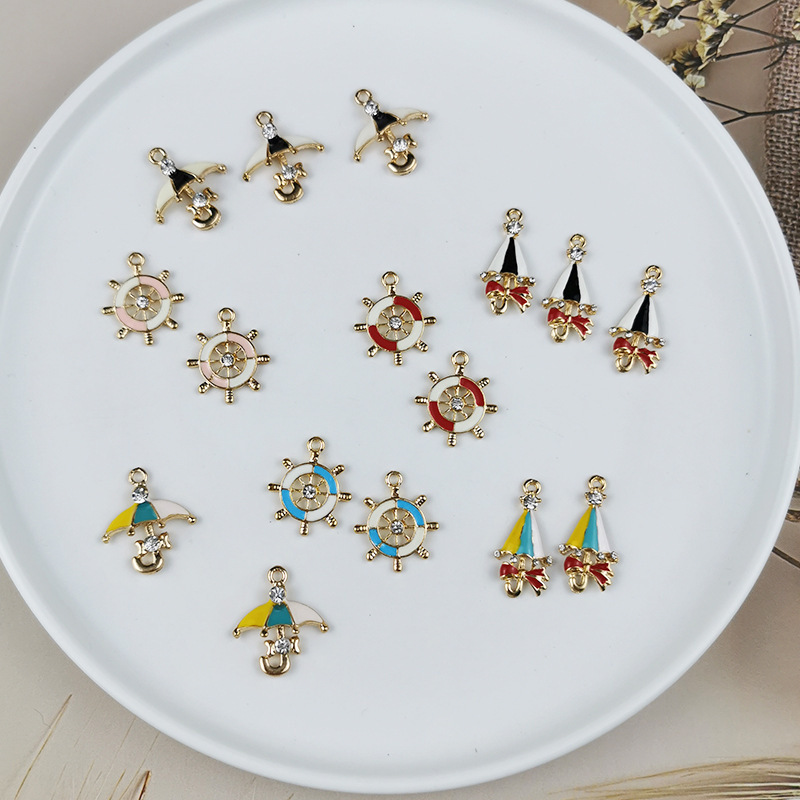 New Bow Rainbow Umbrella Rudder Rhinestones Enamel Metal Charms Earring Bracelet DIY Accessories Jewelry Making