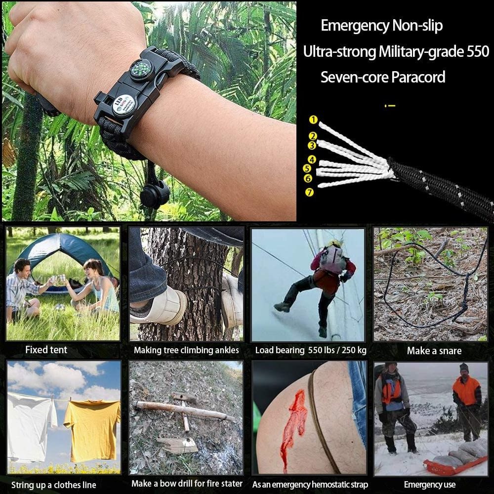 Firstime Camping reflective  survival watch weaves bracelet whistle buckles with flint fire starters and Compass led light