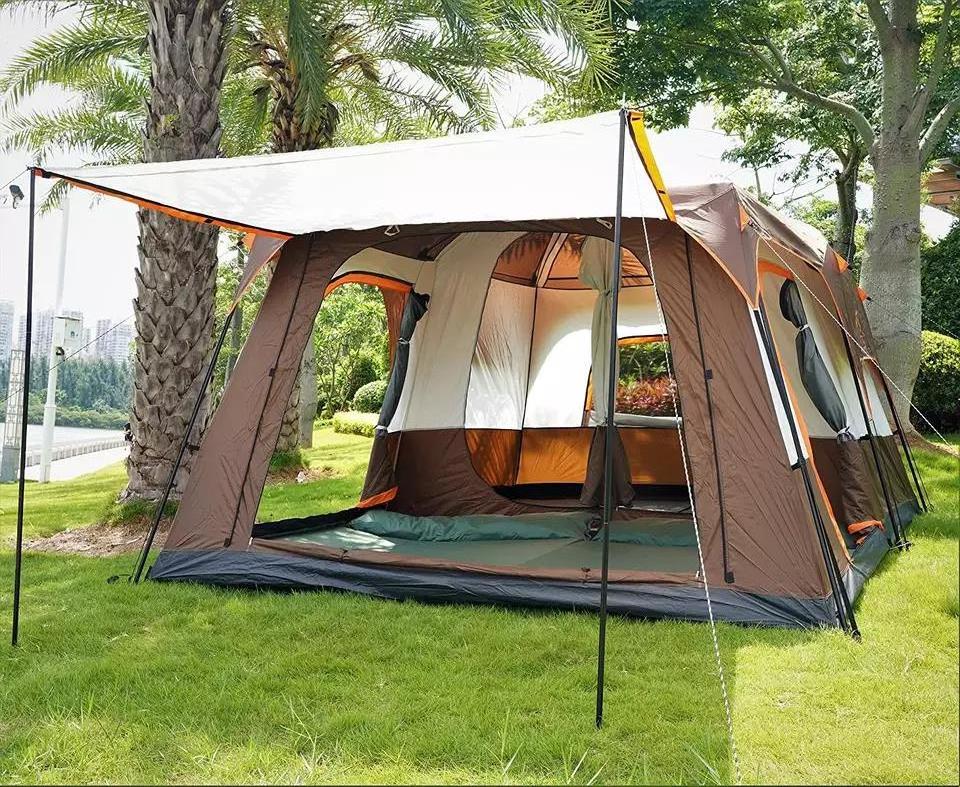 Large luxury double layer 2 rooms 1 living room 6-10 persons family camping outdoor waterproof tent