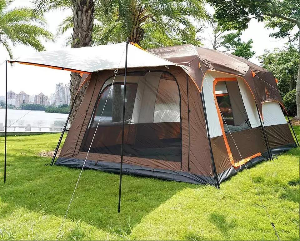 Large luxury double layer 2 rooms 1 living room 6-10 persons family camping outdoor waterproof tent