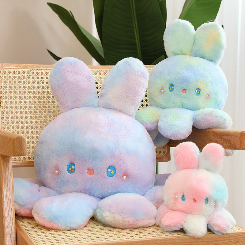 XUX 20CM Double Side Octopus With Rabbit Ear Plush Toy Fluffy Reversible Octopus Colorful Stuffed Plush Toys Pillow For Kids