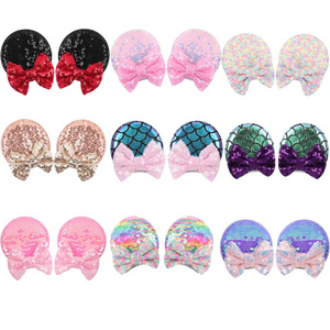 2pcs/Set Wholesale Children Princess Sequin Glitter Hair Bow Barrettes Hand Made Character Mouse Ears hair Clips for Girls Kids