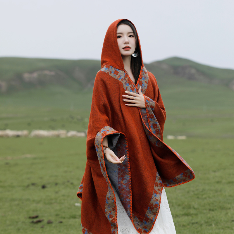 Wholesale Custom Print Winter Women Hood Scarf Shawls Stoles Warm Thick Cape Shawl Poncho