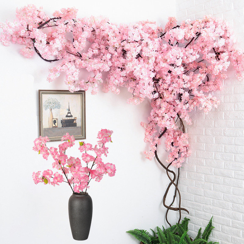 Artificial cherri blossom tree Pink Sakura Branch silk  diy Artificial Flowers Floral wall Wedding decoration Home outdoor decor