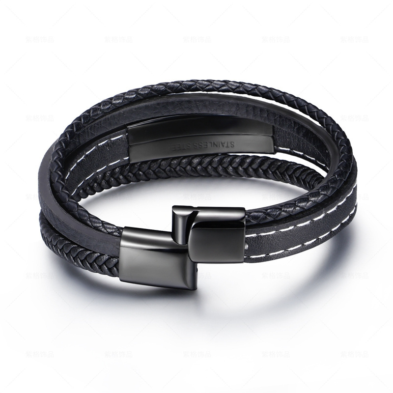 Fashion classic Stainless Steel Charm Men's Leather Bracelet Multilayer Braided Bracelet