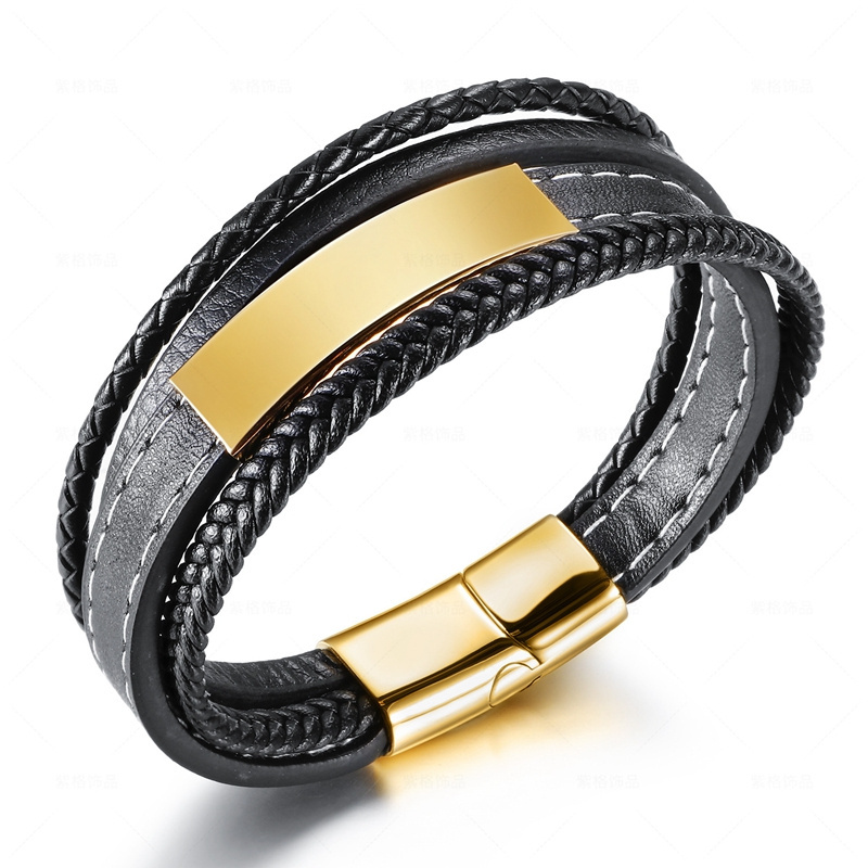 Fashion classic Stainless Steel Charm Men's Leather Bracelet Multilayer Braided Bracelet