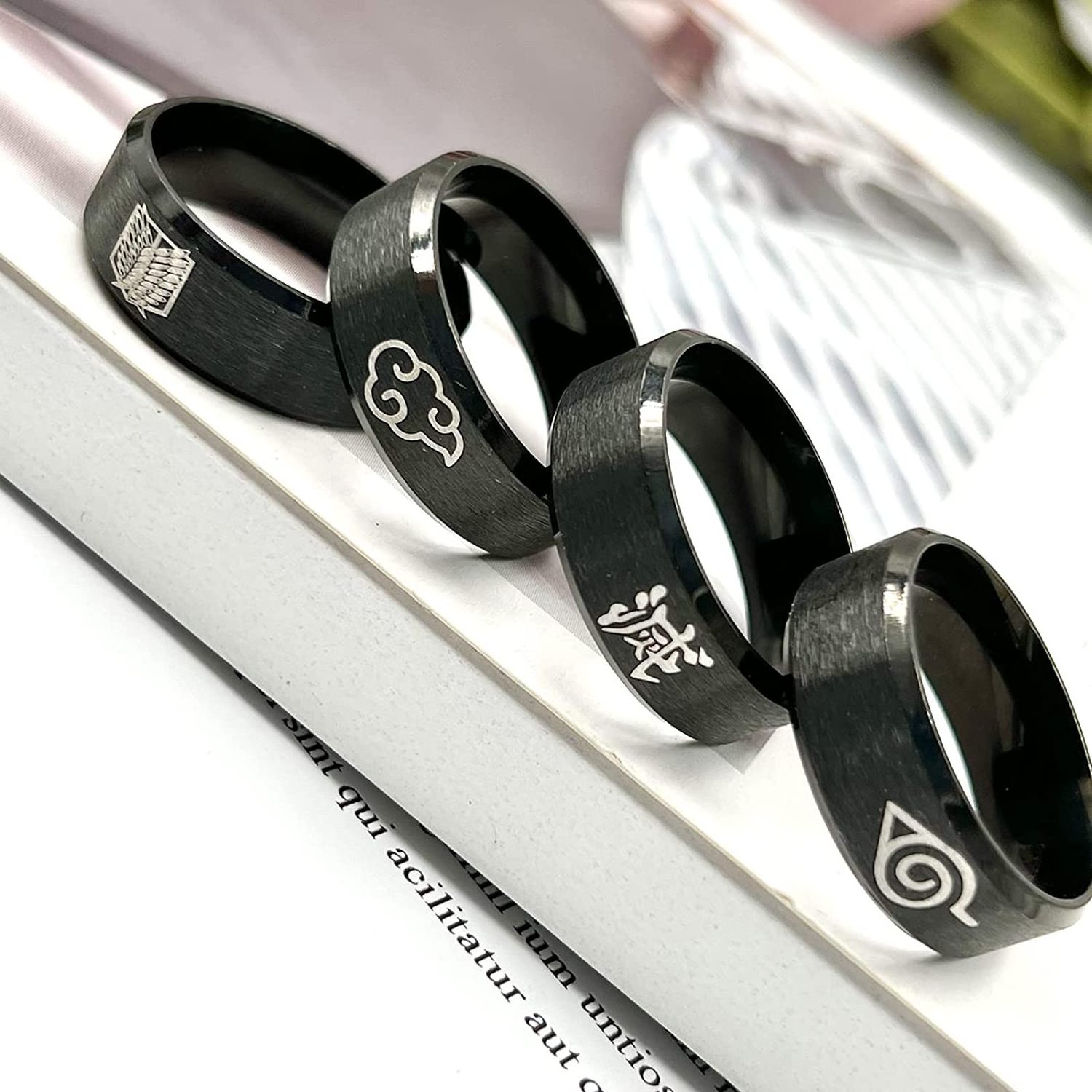 Black Anime Rings for Men Boys Stainless Steel Anime Jewelry Accessory Cosplay Engraved Narut Rings Size 6-11