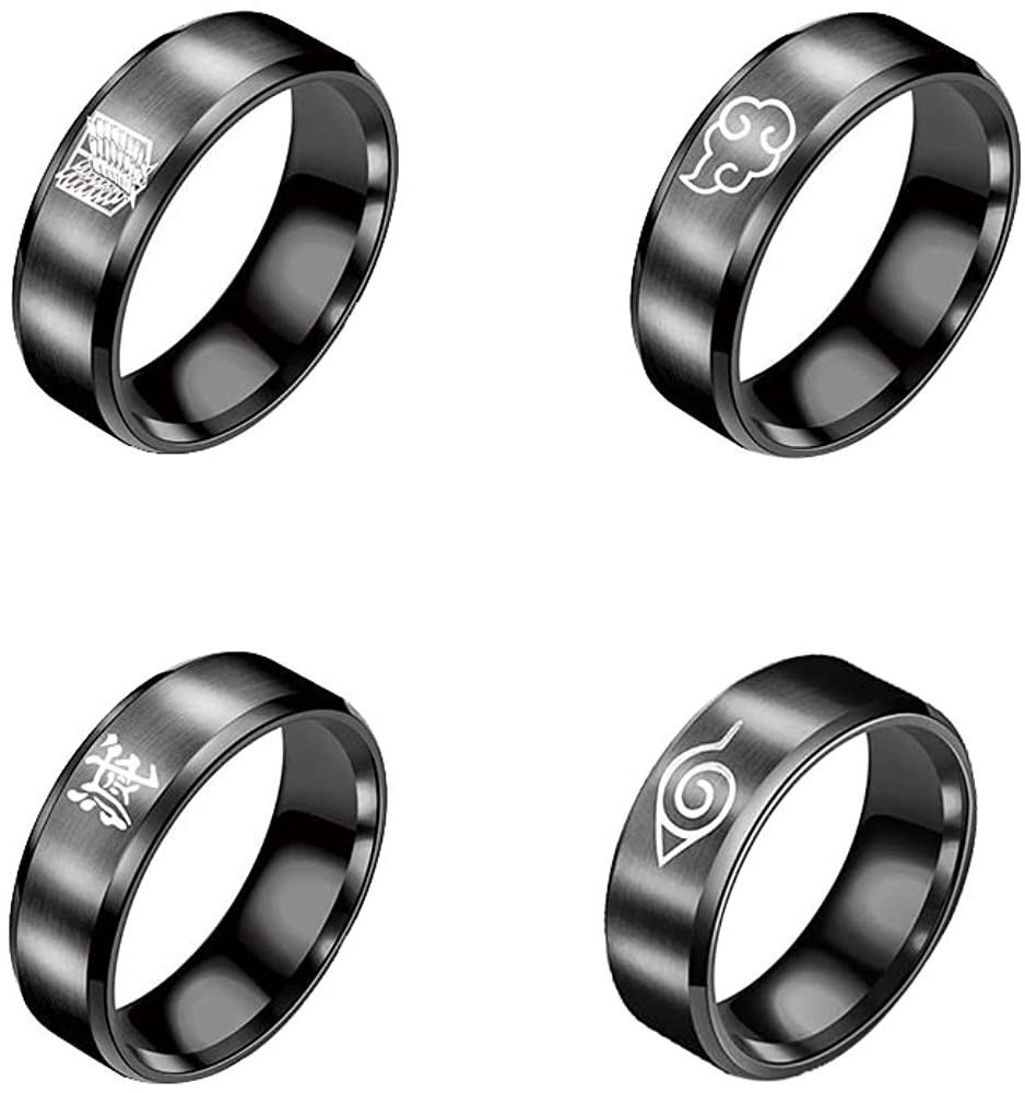 Black Anime Rings for Men Boys Stainless Steel Anime Jewelry Accessory Cosplay Engraved Narut Rings Size 6-11