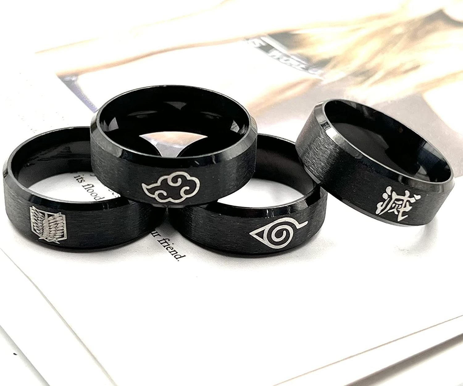 Black Anime Rings for Men Boys Stainless Steel Anime Jewelry Accessory Cosplay Engraved Narut Rings Size 6-11