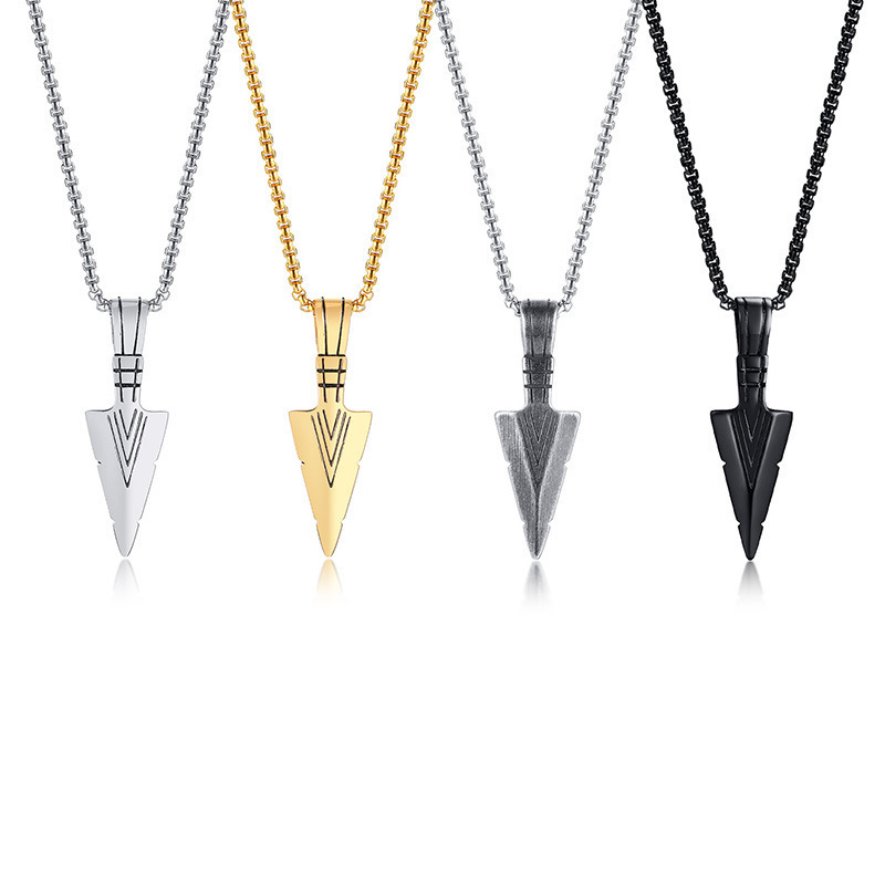 Stainless Steel Pendant Necklace for Mens Boys Cool Spearpoint Arrowhead Pendant Chain Necklace Set