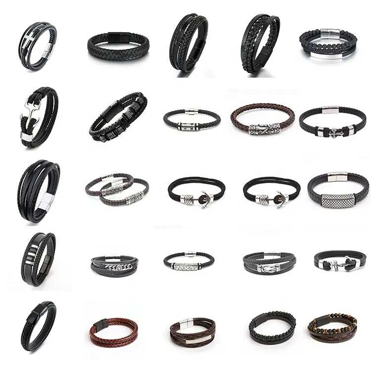 YK Wristband High Quality Custom Personal Engraved Stainless Steel Black Leather Rope Wrap Bracelet Men Jewelry