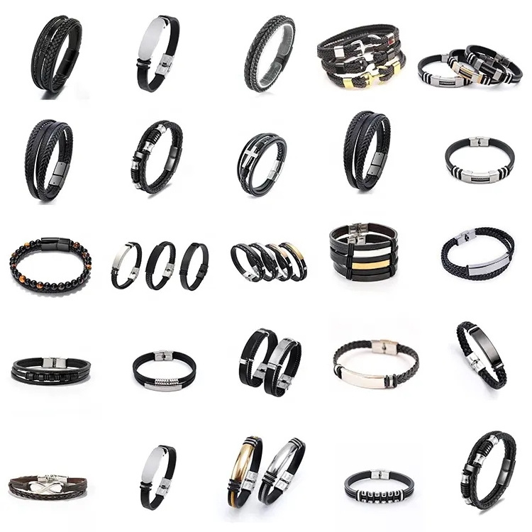 YK Wristband High Quality Custom Personal Engraved Stainless Steel Black Leather Rope Wrap Bracelet Men Jewelry