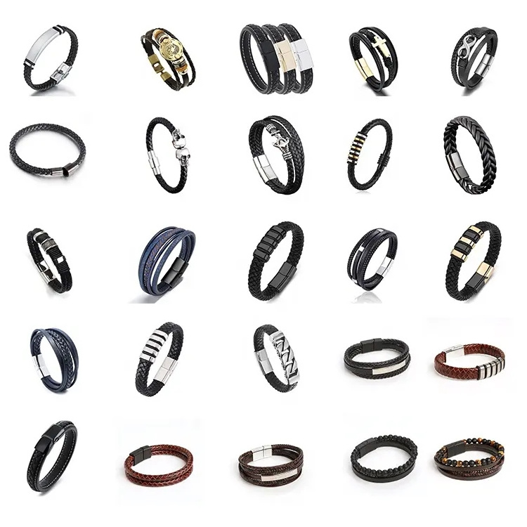 YK Wristband High Quality Custom Personal Engraved Stainless Steel Black Leather Rope Wrap Bracelet Men Jewelry