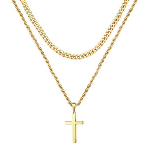 Hot selling Mens Cross Stainless Steel  bilayer Layered Chain  Pendant Necklace Cuban Link Chain