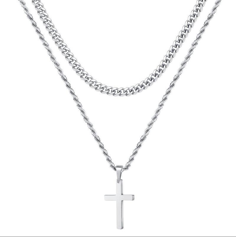 Hot selling Mens Cross Stainless Steel  bilayer Layered Chain  Pendant Necklace Cuban Link Chain