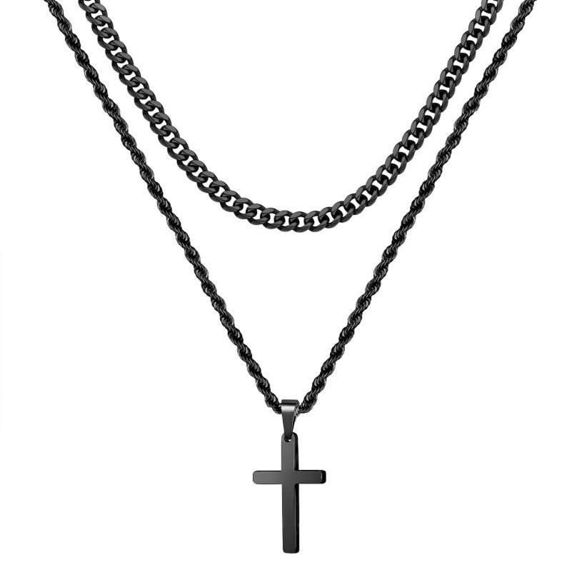 Hot selling Mens Cross Stainless Steel  bilayer Layered Chain  Pendant Necklace Cuban Link Chain