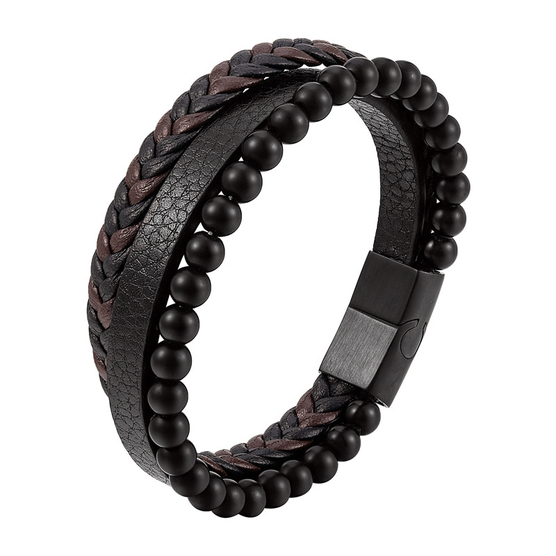 Hot Sales Multi Layered Lava Beads Wrap Wristbands Stainless Steel Buckle Braided Leather Bracelet Men