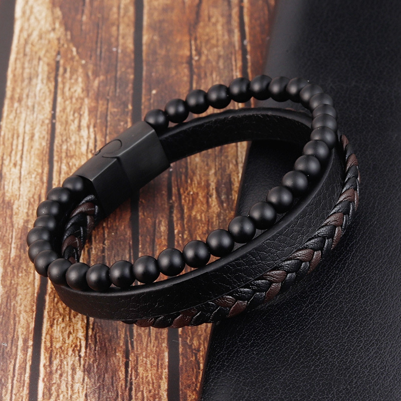 Hot Sales Multi Layered Lava Beads Wrap Wristbands Stainless Steel Buckle Braided Leather Bracelet Men